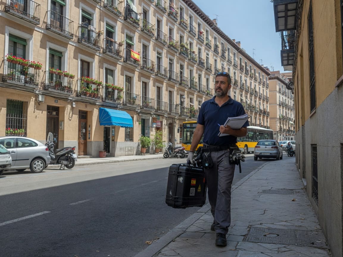 Técnico de control de plagas en camino a una visita en Madrid